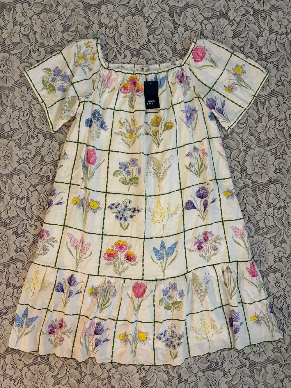 Crown & Ivy Linen Blend Floral Embroidered Ruffled Grid Dress, Size 1X - Picture 1 of 9